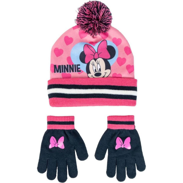 Set de Invierno Guantes y Gorro con Pompón Minnie Mouse Corazones Rosa Niña