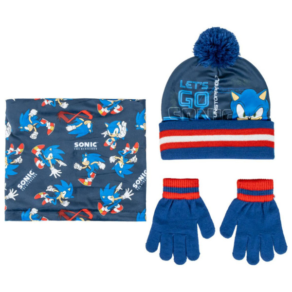 Set de Invierno Braga Para Cuello Gorro Guantes Sonic Azul Marino Niño