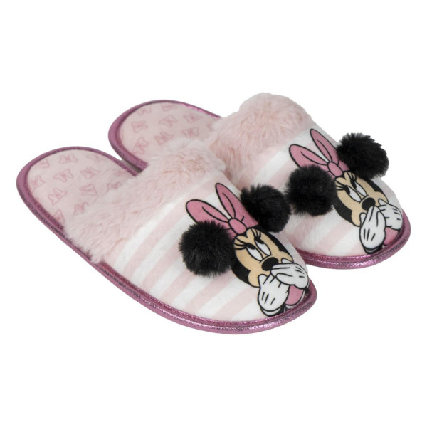 Zapatillas de Casa Minnie Mouse Rosas Rayas Pompones Niña