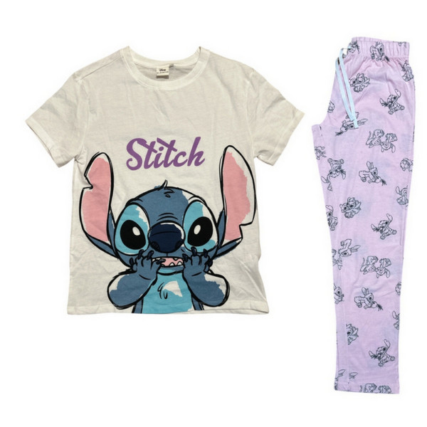 Pijama Manga Corta Stitch Face Blanco y Rosa Mujer
