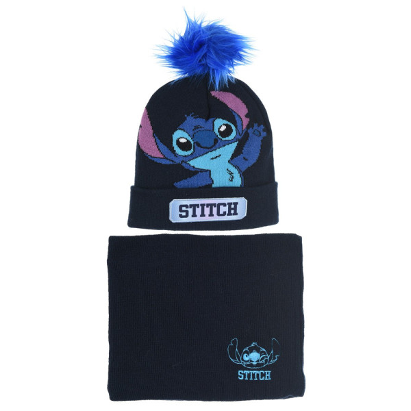 Set de Invierno Gorro con Pompón Stitch y Braga Azul Marino Niña