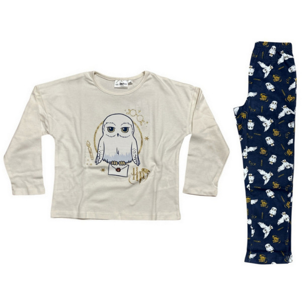 Pijama Manga Larga Harry Potter Hedwig Blanco y Azul Marino Niña