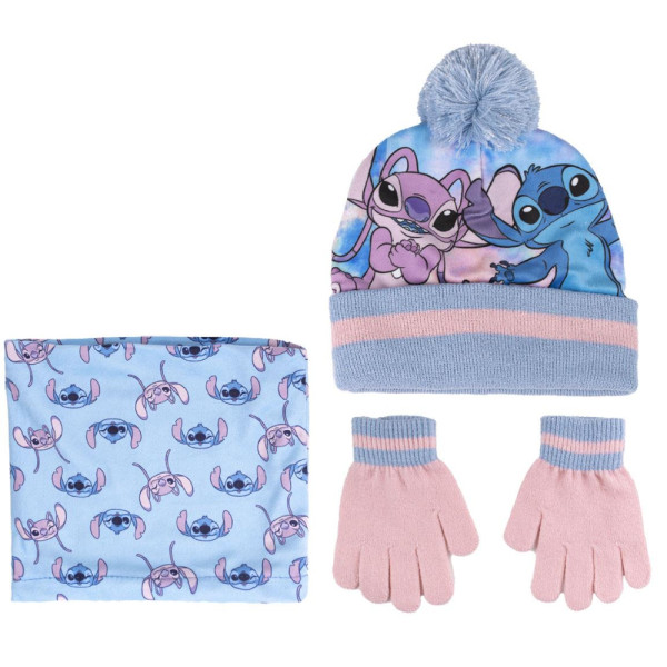 Set de Invierno Braga Para Cuello Gorro Guantes Stitch y Angel Niña