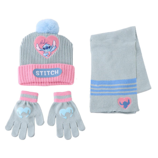 Set de Invierno Bufanda, Guantes y Gorro Stitch Azul Claro y Rosa Niña