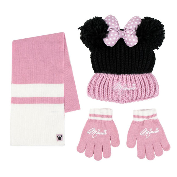 Set de Invierno Bufanda, Guantes y Gorro Minnie Mouse Rosa y Negro Niña