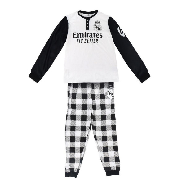 Pijama Manga Larga Real Madrid Blanco y Negro Cuadros Mujer
