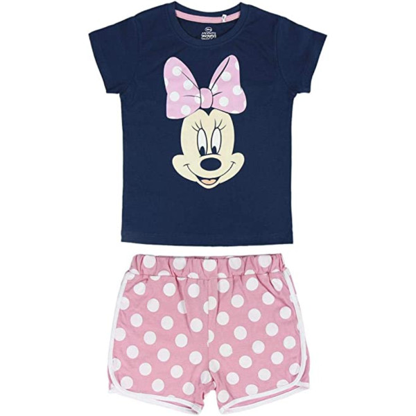 Pijama Manga Corta Minnie Mouse Azul Marino y Rosa con Lunares Niña