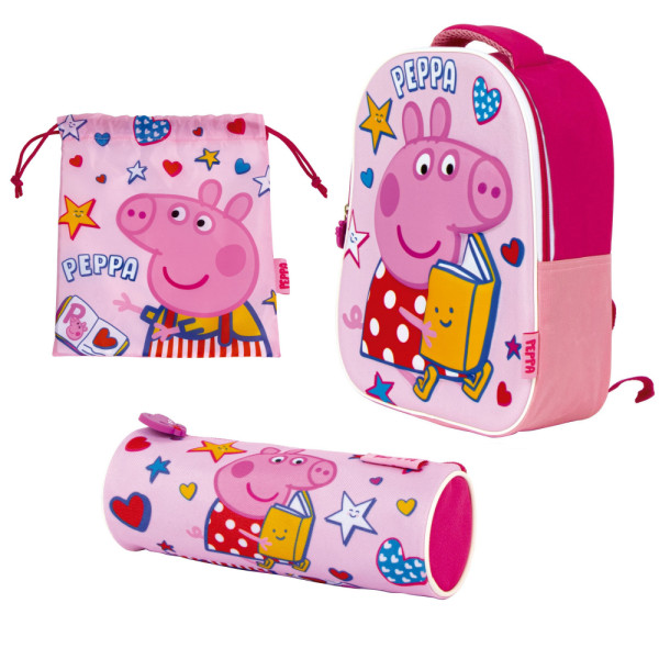 Set Vuelta al Cole Peppa Pig Mochila Guardería Saco Merienda y Estuche
