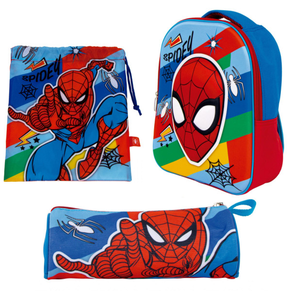 Set Vuelta al Cole Spiderman Mochila Guardería Saco Merienda y Estuche