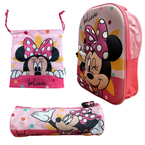 Set Vuelta al Cole Minnie Mouse Mochila Guardería Saco Merienda y Estuche
