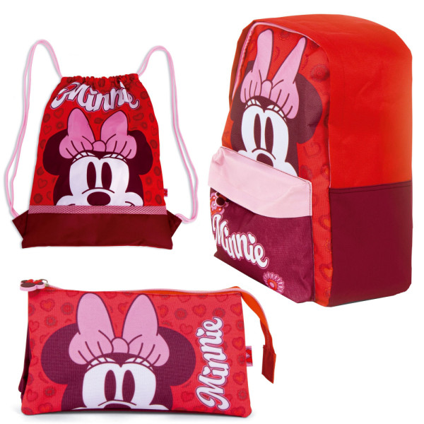 Set Vuelta al Cole Junior Minnie Mouse Mochila Saco Cuerdas y Estuche Triple
