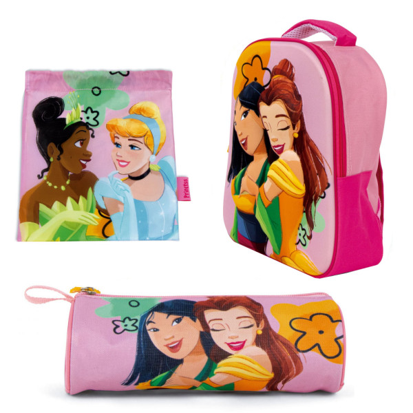 Set Vuelta al Cole Princesas Mochila Guardería Saco Merienda y Estuche