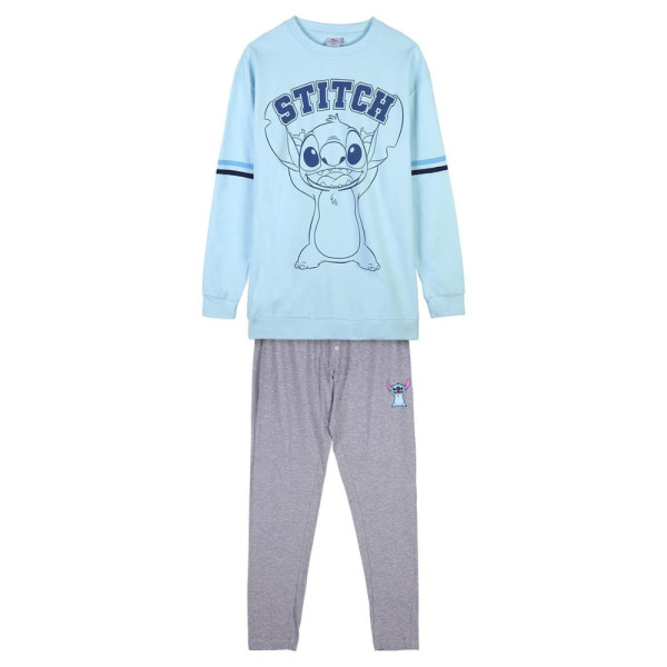Pijama Manga Larga Stitch Azul Claro y Gris Mujer